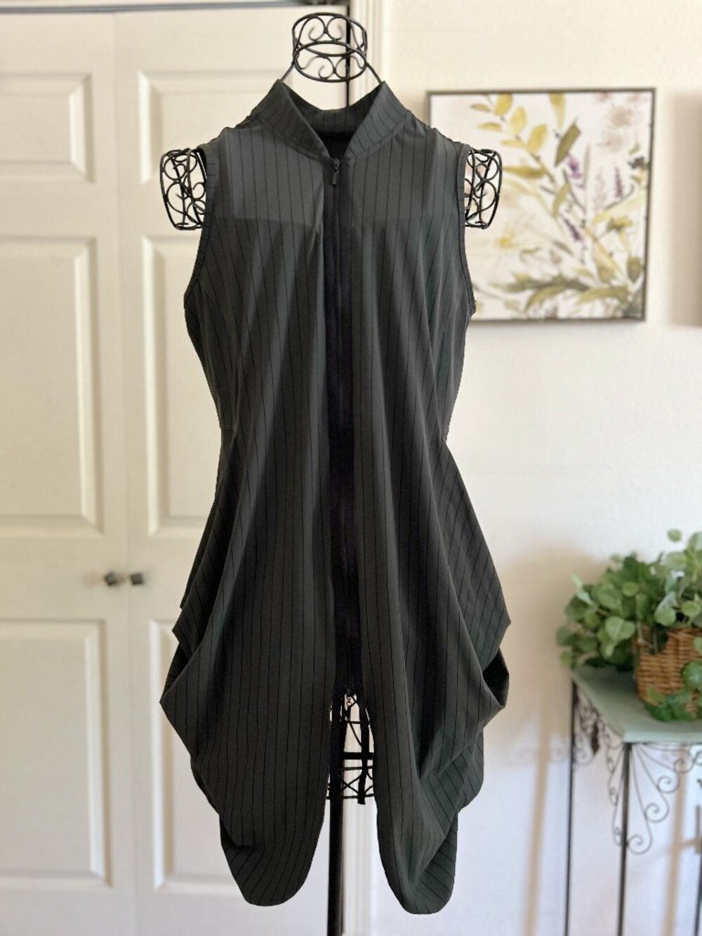 Porto Sleeveless Black Pinstripe Zip Tunic with Draped Hem